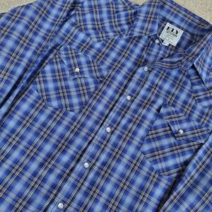 Ely Cattleman Men's Western Shirt Pearl Snaps Long Sleeve Blue Plaid Size Medium